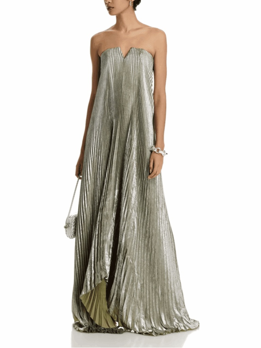 NWOT L'Idee  black tie gown shimmer platinum metallic green pleated maxi gown